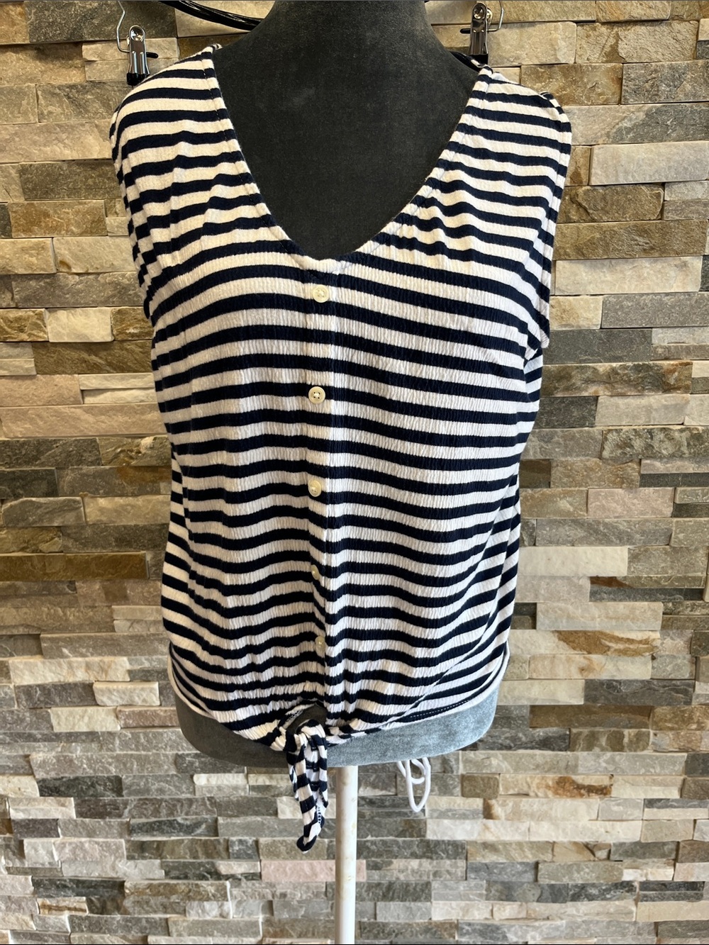LOFT Navy & White Striped V-Neck Button-Front Tie Hem Tank